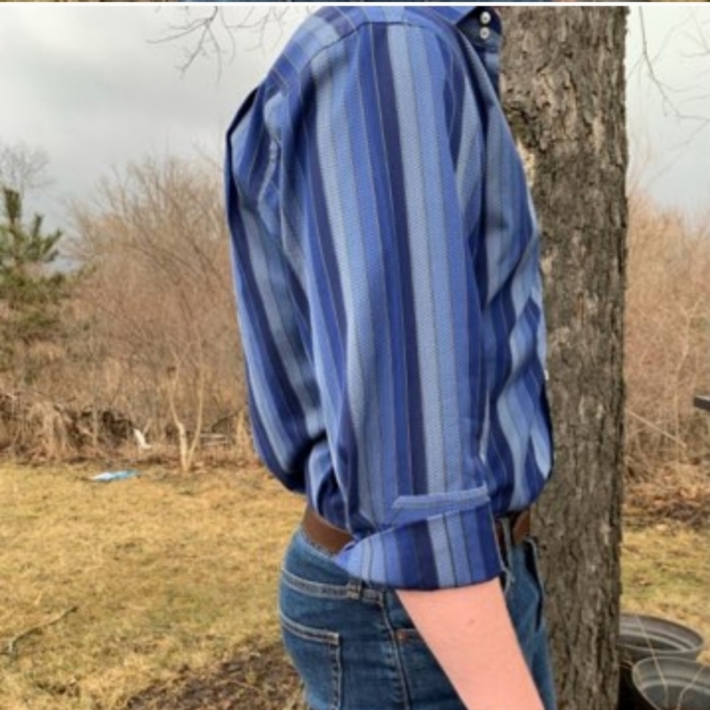Robert Talbott Blue Striped Dress Shirt Classic Designer Pearl Fall Church - Picture 4 of 9